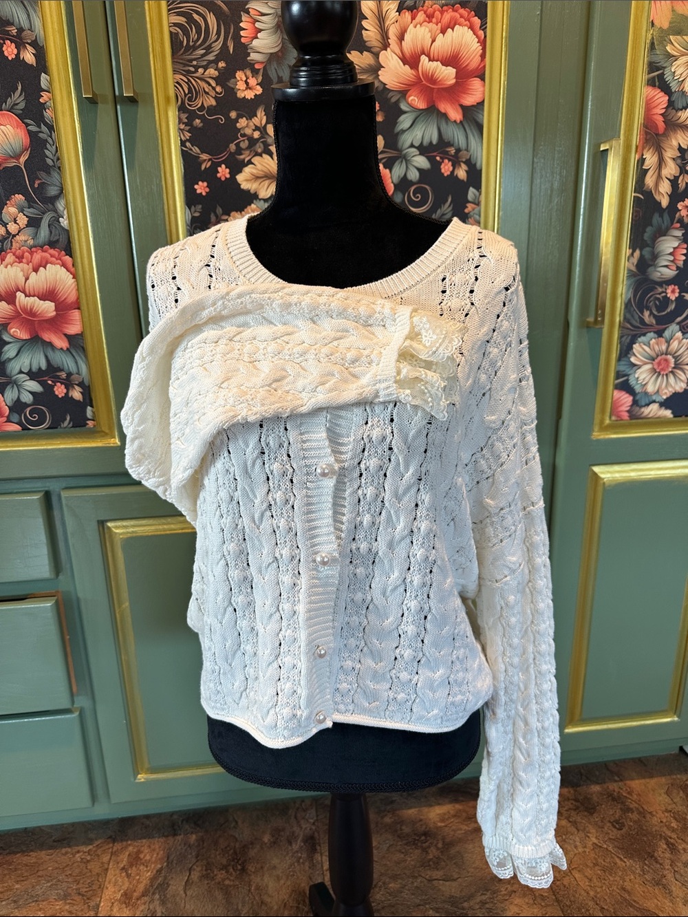 Altar'd State Cream Cable Knit Button-Front Cardigan